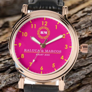 Personalized couple names monogram pink watch