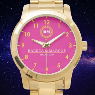 Personalized couple names monogram pink watch