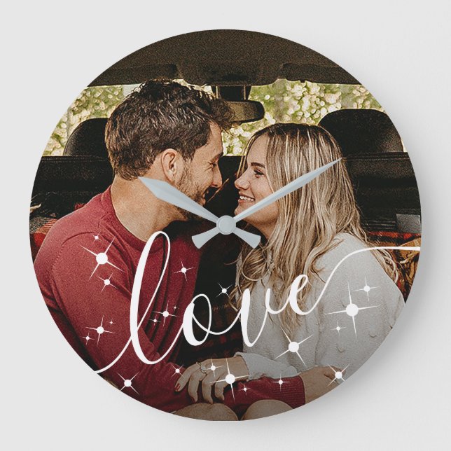 Personalized Couple Photo Love Script Sparkle Large Clock (Front)