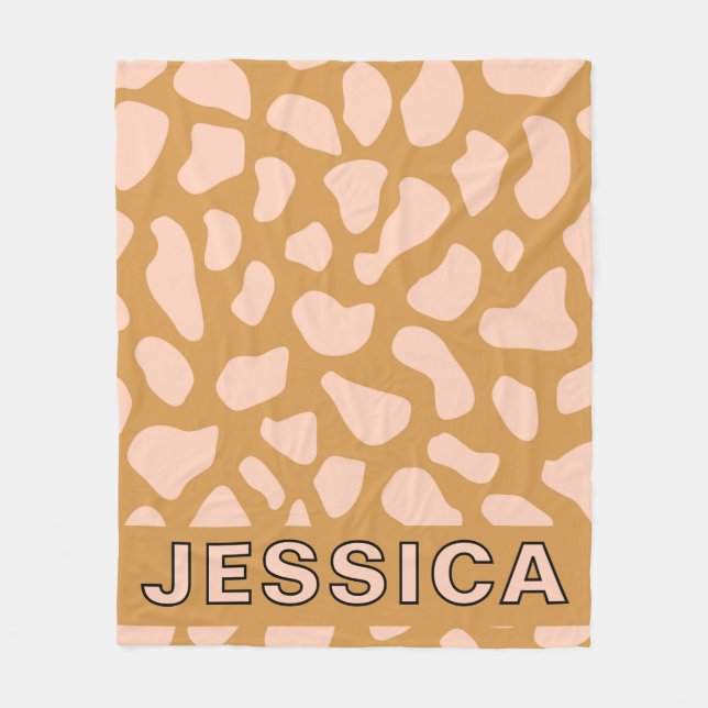 Personalized Cow Print Blush Pink Tan Fleece Blanket (Front)