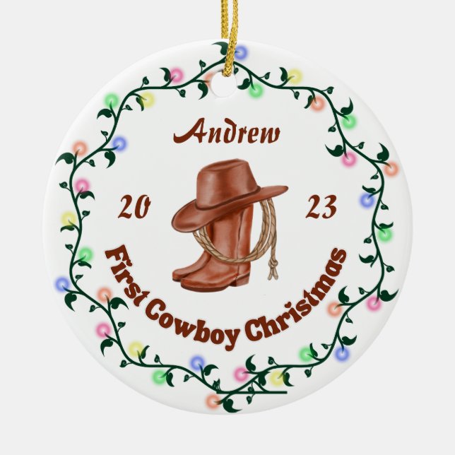 Personalized Cowboy Baby First Christmas Ceramic Tree Decoration (Front)
