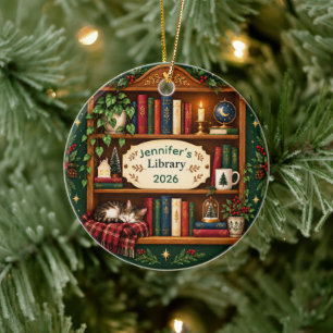 Personalized Cozy Bookshelf Library Christmas Ceramic Tree Decoration