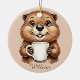 Personalized Cozy Coffee Beaver Woodland Morning Ceramic Tree Decoration