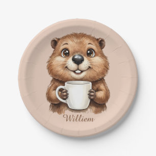 Personalized Cozy Coffee Beaver Woodland Morning Paper Plate