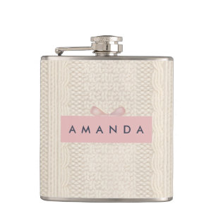 Personalized Cozy Knit with Pink Ribbon Accents Hip Flask
