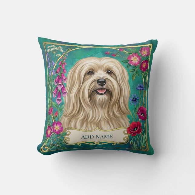Personalized Cream Lhasa Apso Floral Cushion (Front)