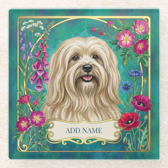 Personalized Cream Lhasa Apso Floral Glass Coaster (Front)