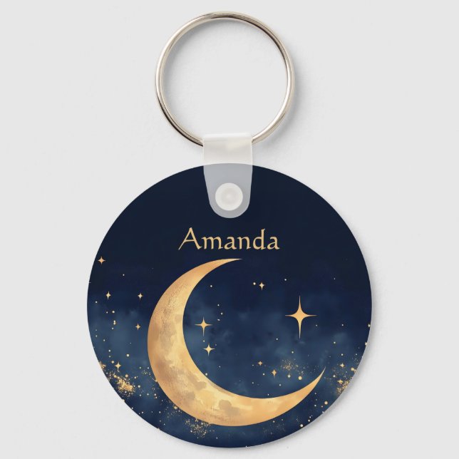 Personalized Crescent Moon and Stars Night Sky Key Ring (Front)