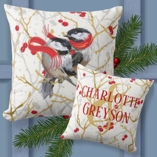 Personalized Cuddling Winter Chickadees  Cushion