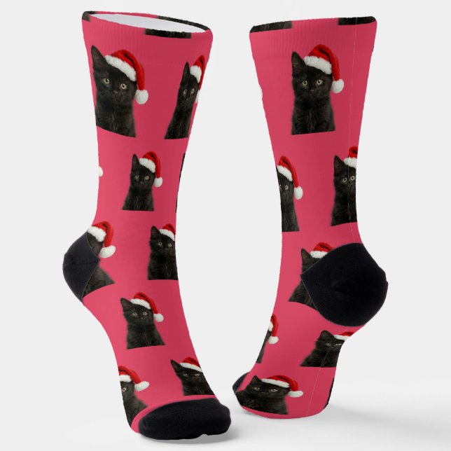 Personalized Custom Black Kitty Cat Christmas  Socks (Angled)