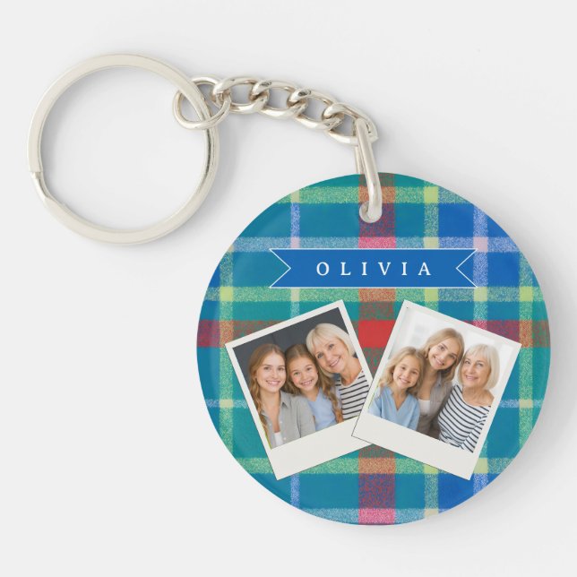 Personalized Custom Blue Plaid Preppy Style Key Ring (Front)