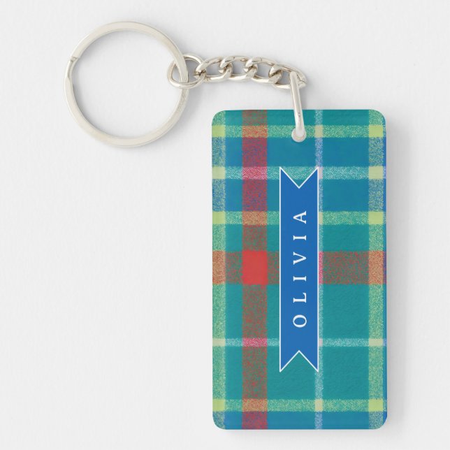 Personalized Custom Blue Plaid Preppy Style Key Ring (Front)