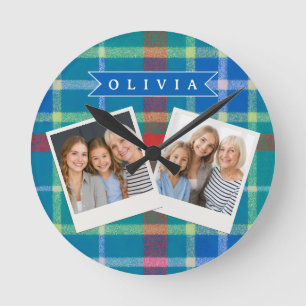 Personalized Custom Classic Blue Plaid Preppy  Round Clock