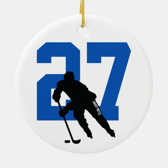 Personalized Custom Hockey Player Number Blue Ceramic Tree Decoration (Back)