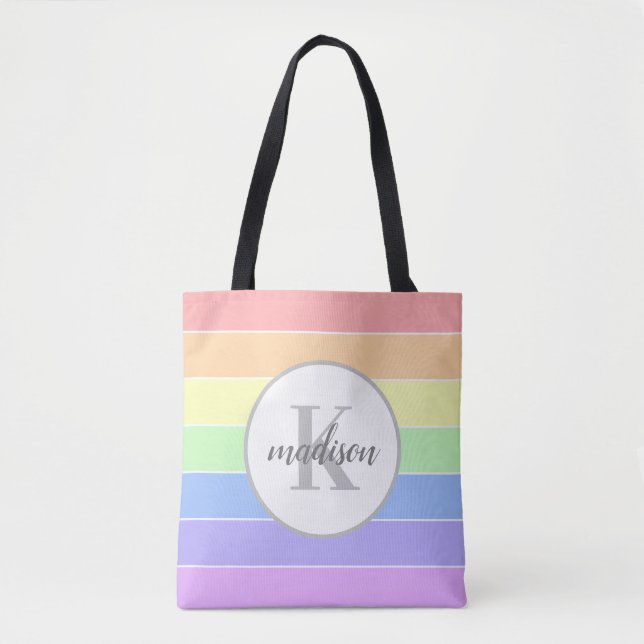 Personalized Custom Name Monogram Rainbow stripes Tote Bag (Front)