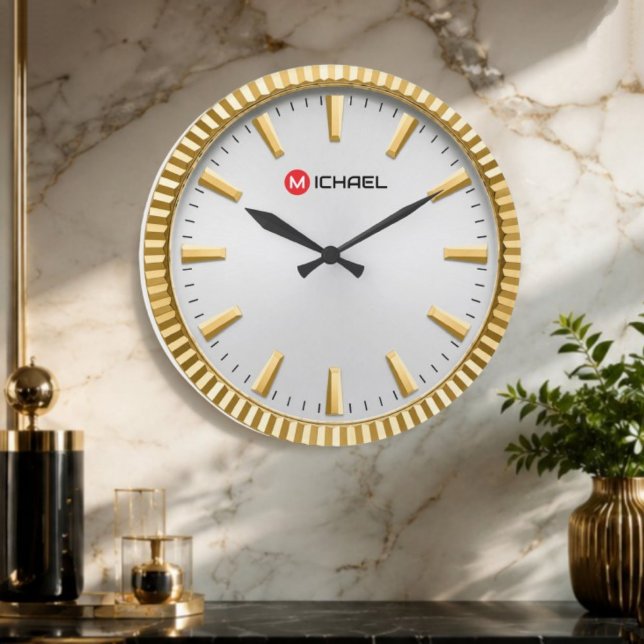 Personalized Custom Name & Monogram Silver Gold Large Clock (Creator Uploaded)