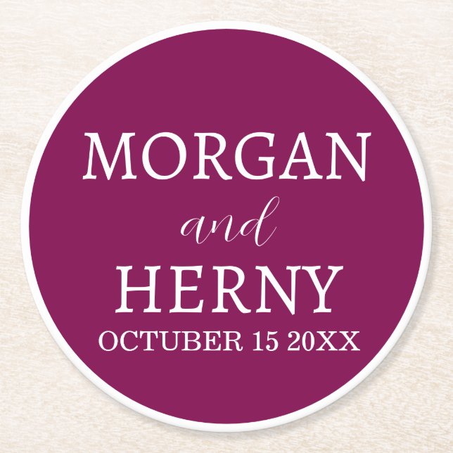 Personalized Custom Name Stylish Minimal Wedding  Round Paper Coaster (Front)