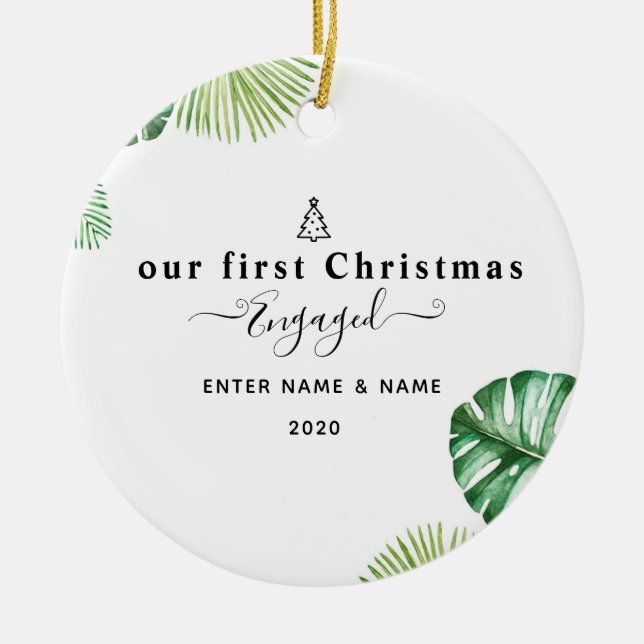 Personalized custom our first Christmas engaged Ceramic Tree Decoration (Front)