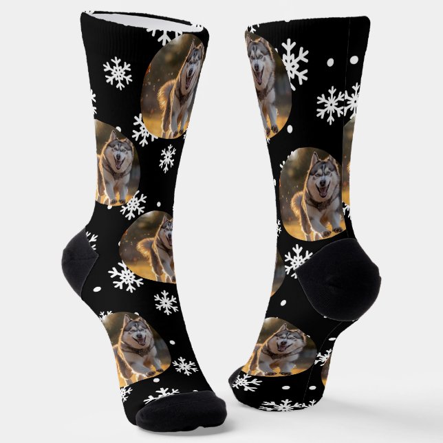 Personalized Custom Photo Blob - Snowflake Husky  Socks (Angled)