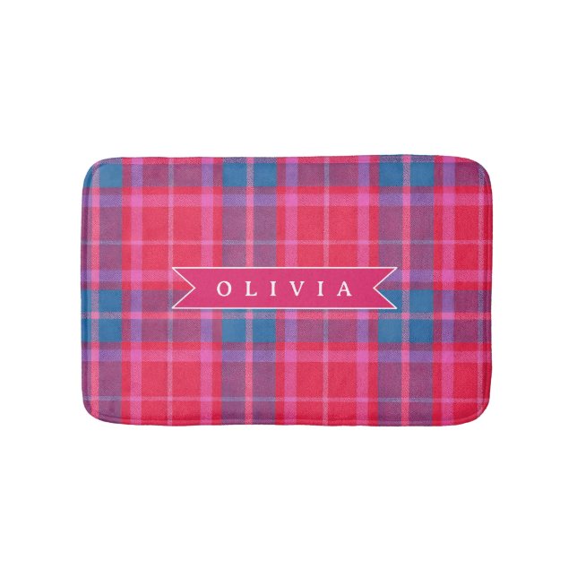 Personalized Custom Pink Fuchsia Plaid Preppy  Bath Mat (Front)