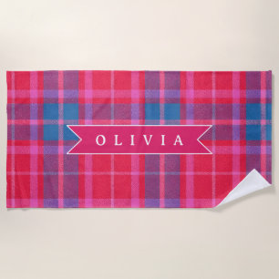 Personalized Custom Pink Fuchsia Plaid Preppy  Beach Towel