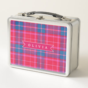 Personalized Custom Pink Fuchsia Plaid Preppy  Metal Lunch Box
