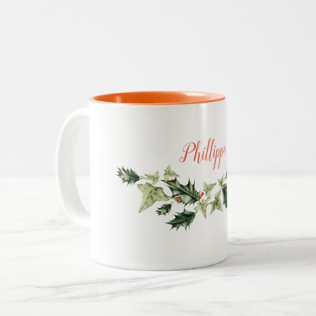 Personalized, Customizable Holly and Ivy Christmas Two-Tone Coffee Mug (Front Left)