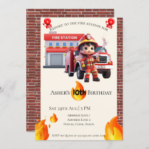 Personalized Cute 3D Fire Fighter Boy Birthday  Invitation