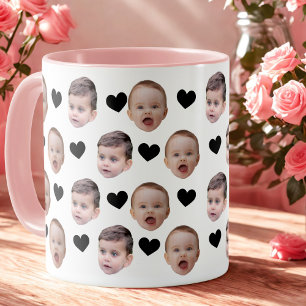 Personalized Cute Baby Face 2 Photos Black Heart Mug