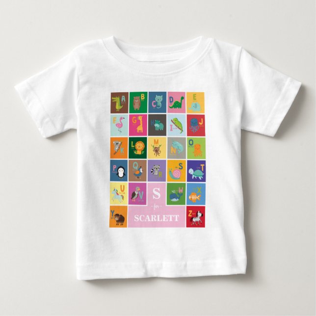 Personalized Cute Baby Girl Animal Alphabet T-Shirt (Front)