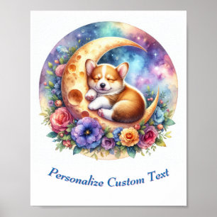 Personalized Cute Baby Puppy Sleeping on Moon Poster