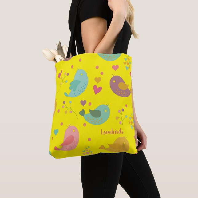 Personalized Cute Birds Love Hearts Tote Bag (Close Up)