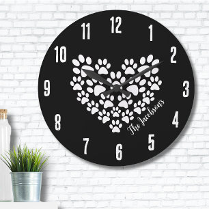 Personalized Cute Black White Paw Print Heart Large Clock