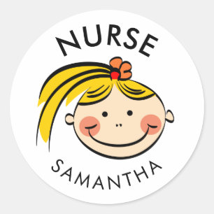 Personalized Cute Blonde Cartoon Nurse Name Classic Round Sticker