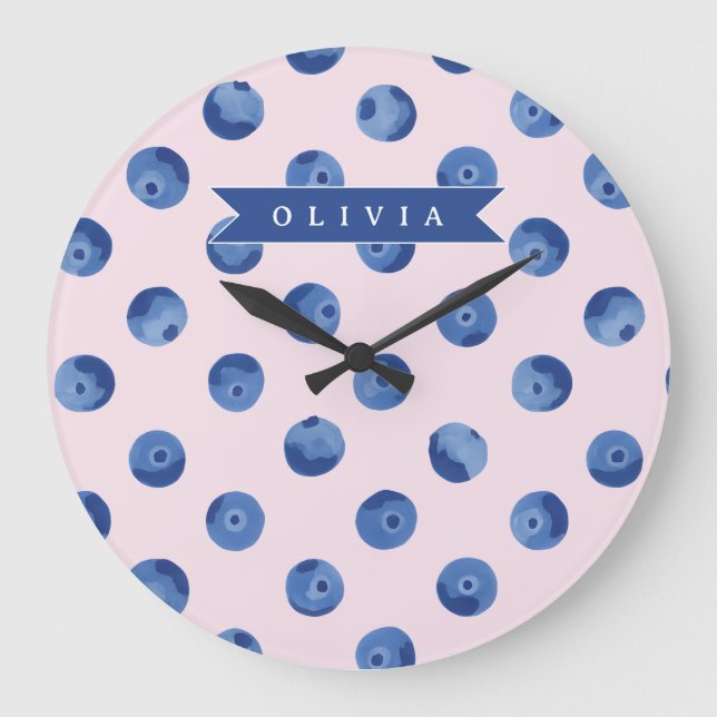 Personalized Cute Blueberry Watercolor Gift Name Large Clock (Front)