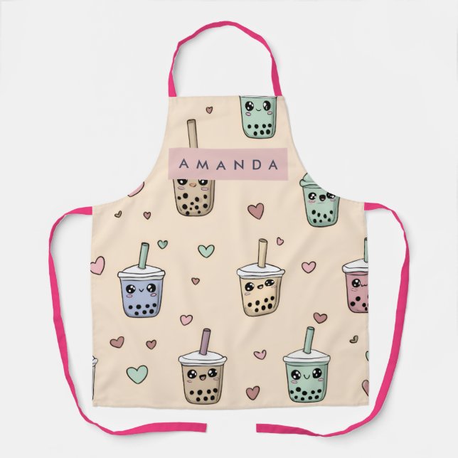 Personalized Cute Boba Tea Pattern Apron (Front)