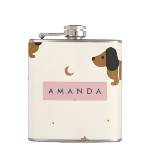 Personalized Cute Brown Dachshund Puppy Hip Flask