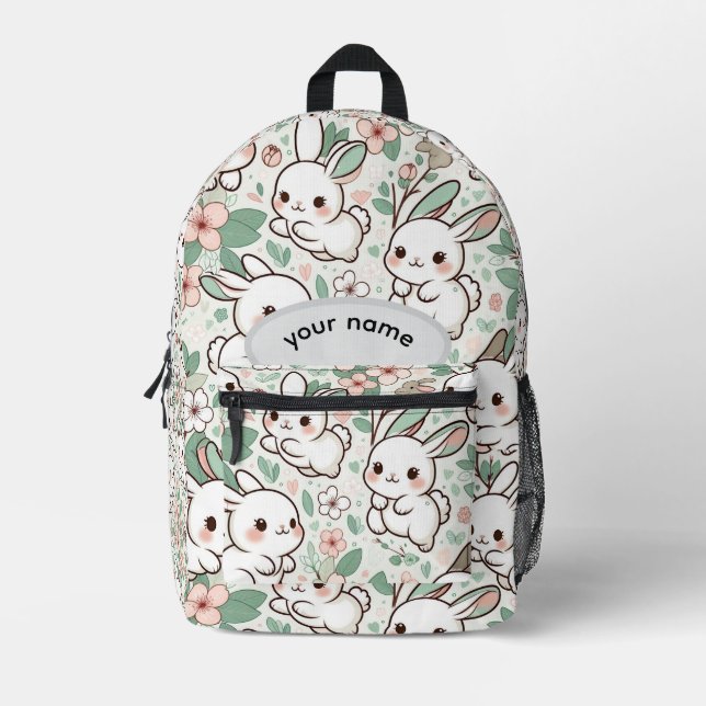 Personalized Cute Bunny & Floral Pattern Kids Back Printed Backpack (Front)
