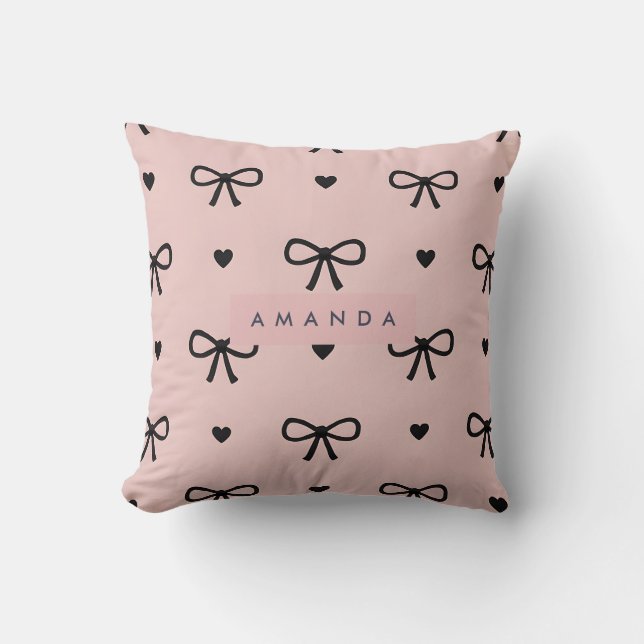 Personalized Cute Chic Pink Bow & Heart Pattern Cushion (Front)