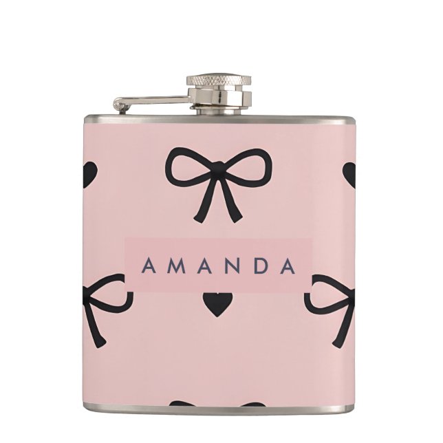 Personalized Cute Chic Pink Bow & Heart Pattern Hip Flask (Front)