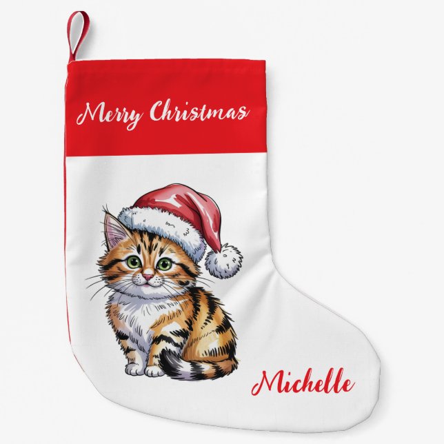 Personalized Cute Christmas Cat Holiday       Small Christmas Stocking (Front)