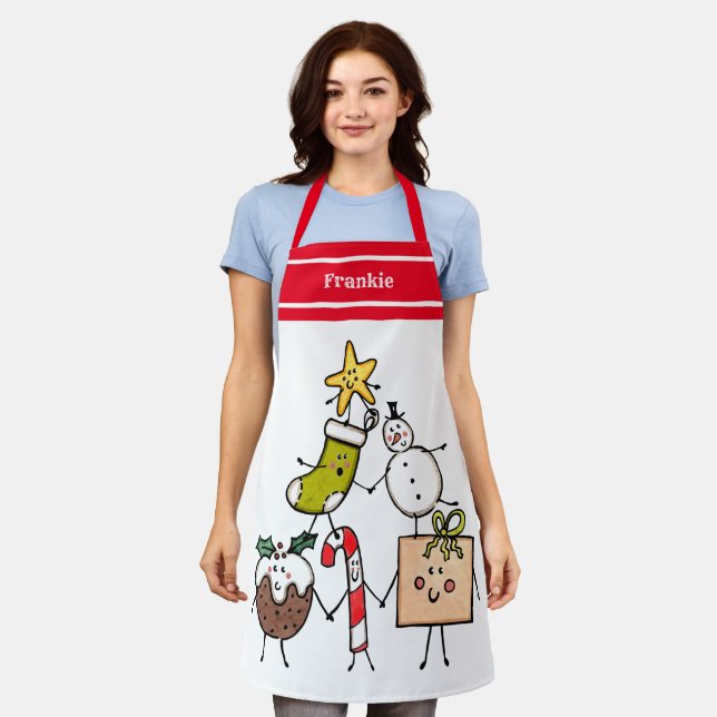 Personalized Cute Christmas Characters Apron (Worn)