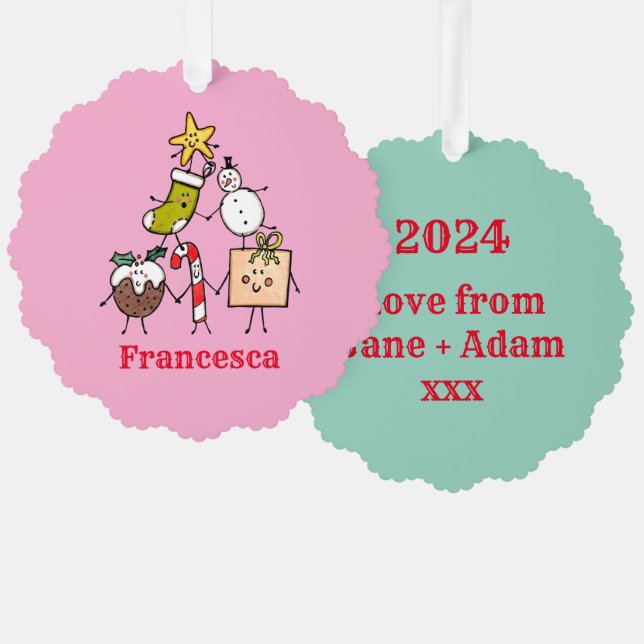 Personalized Cute Christmas Characters Tree Decoration Card (Front/Back)