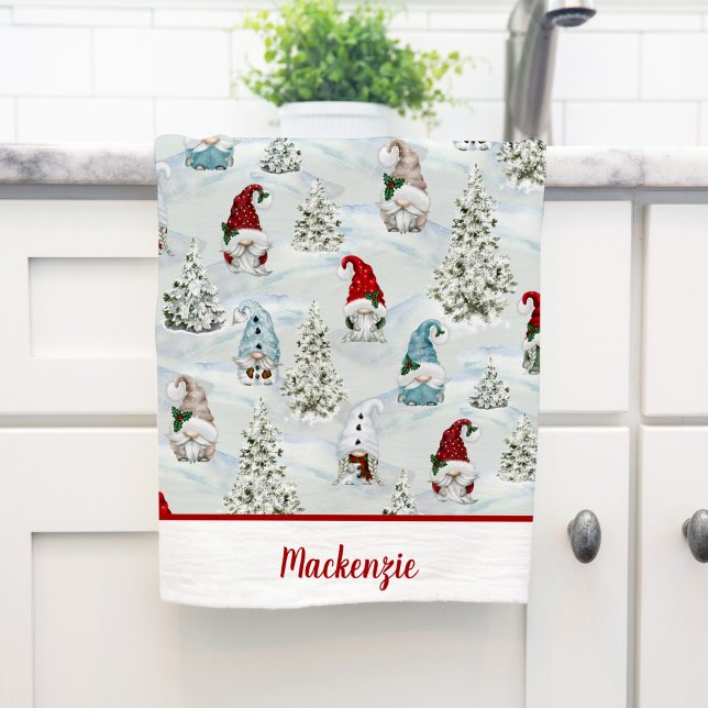 Personalized Cute Christmas Gnomes Holiday Tea Towel (Creator Uploaded)