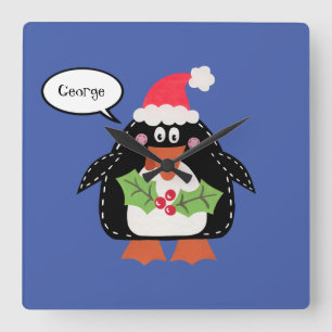 Personalized Cute Christmas Penguin Square Wall Clock