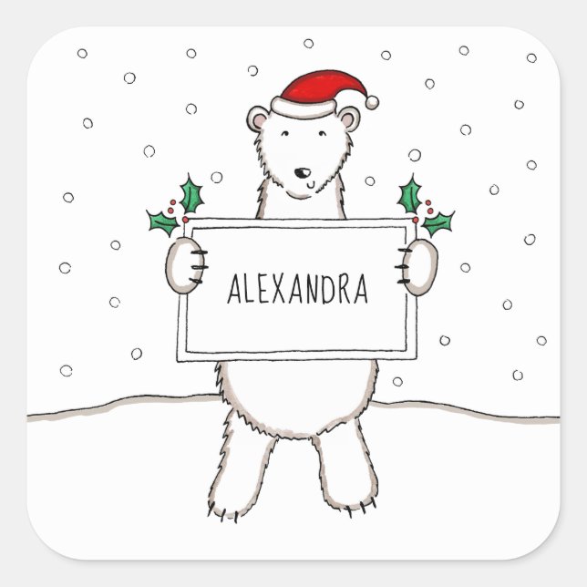 Personalized Cute Christmas Polar Bear Christmas  Square Sticker (Front)