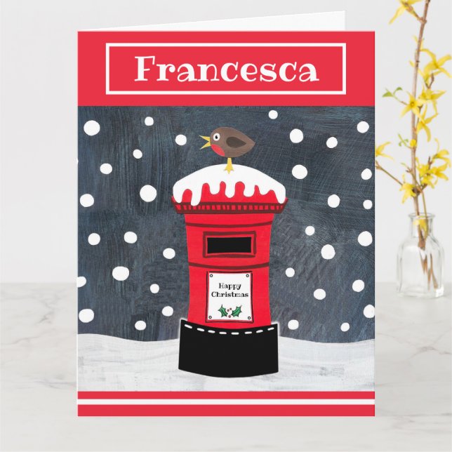 Personalized Cute Christmas Post Box & Robin Card (Yellow Flower)