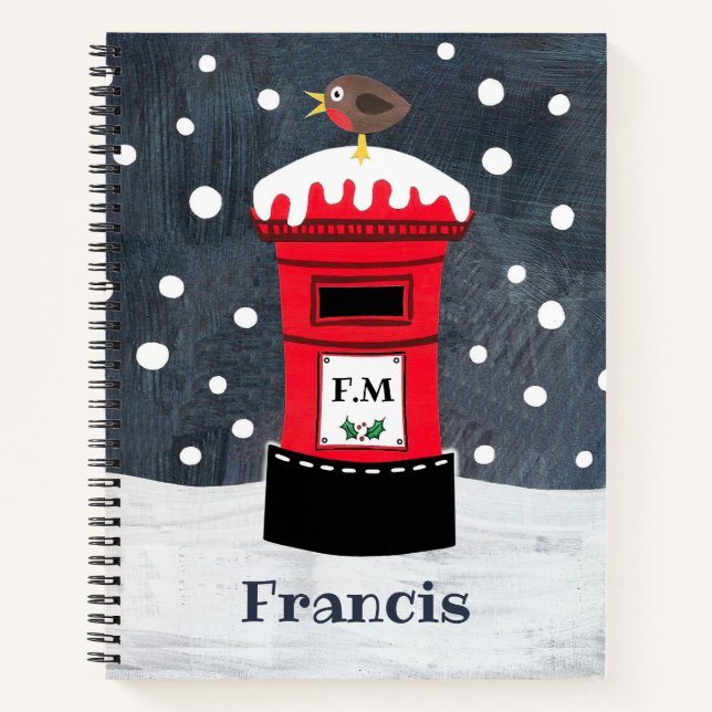 Personalized Cute Christmas Post Box & Robin Noteb Notebook (Front)