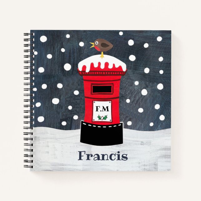 Personalized Cute Christmas Post Box & Robin Notebook (Front)