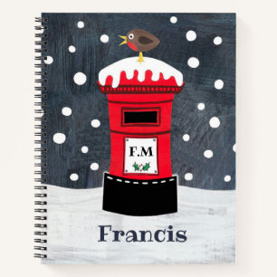 Personalized Cute Christmas Post Box & Robin Notebook